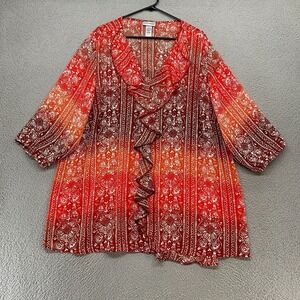 Catherines Top Womens 2X Semi Sheer Floral Geometric Ombre Colorful Ruffle